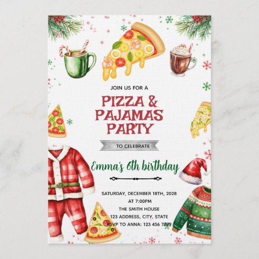 Pizza en Pyjama Kerst Uitnodiging (Voorkant)