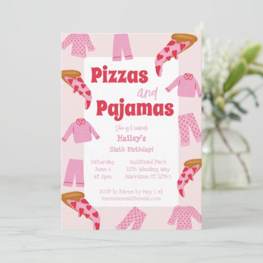 Pizza en pyjama meisjes verjaardagsfeestje kaart (Staand voorkant)