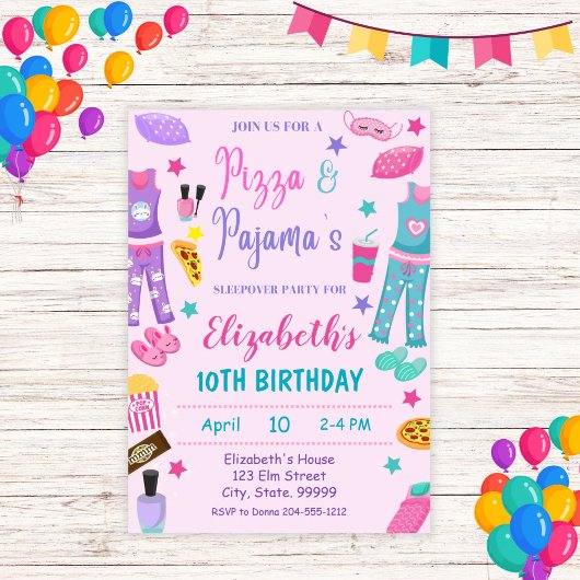 Pizza en pyjama's sleepover verjaardag uitnodiging