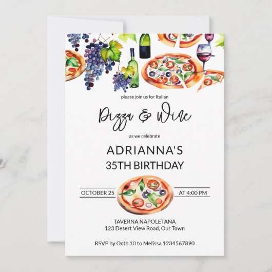 Pizza en wijn verjaardagsfeestje sjabloon kaart (Voorkant)