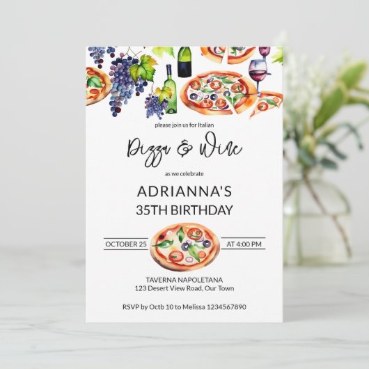 Pizza en wijn verjaardagsfeestje sjabloon kaart (Staand voorkant)