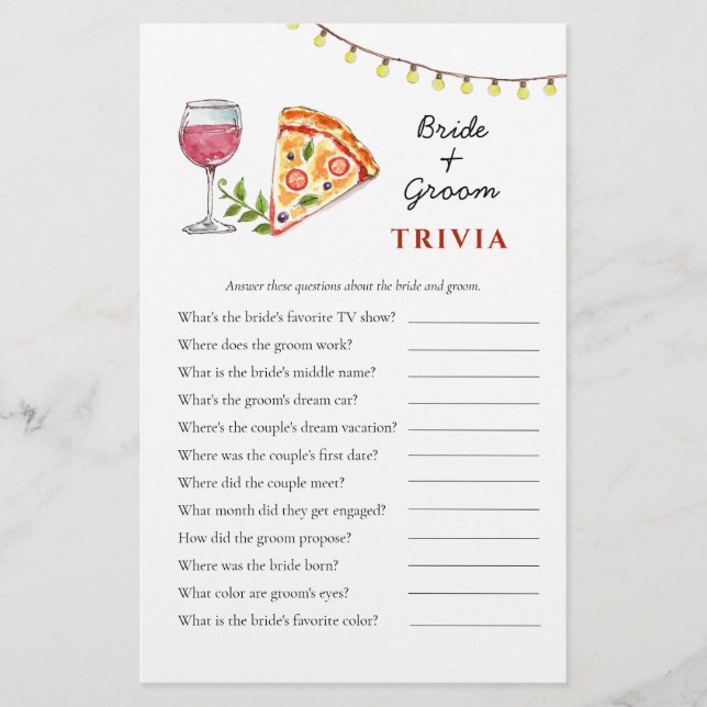 Pizza en Wijn Vrijgezellenfeest Trivia spelletjes (Voorkant)