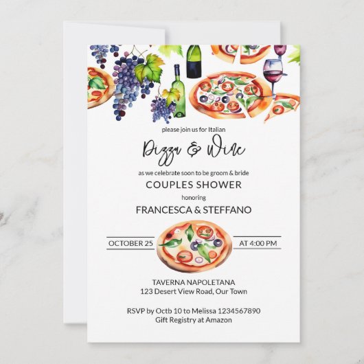Pizza en wijnkoppels douche sjabloon kaart (Voorkant)