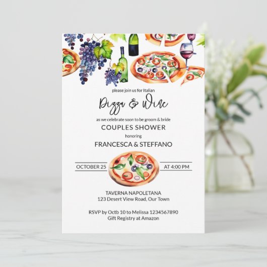 Pizza en wijnkoppels douche sjabloon kaart (Staand voorkant)