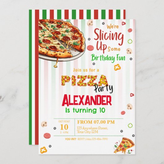 Pizza Feest Verjaardagsuitnodiging Kaart (Voorkant / Achterkant)