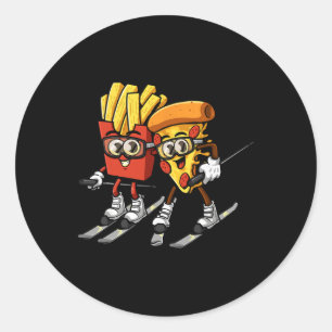 Pizza Franse Friet Skiën Grappig Skiër Fast Food S Ronde Sticker