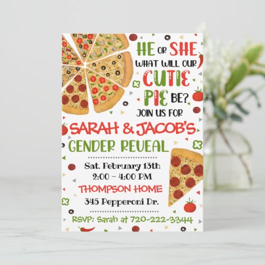 Pizza Geslacht Onthulling Uitnodiging, Geslacht On Kaart (Staand voorkant)
