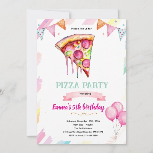 Pizza girl party theme invitation kaart (Voorkant)