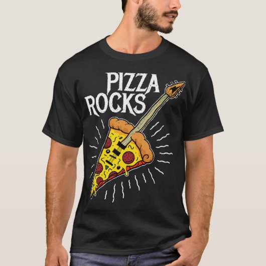 Pizza Gitaar - Grappige Pizza Rocks T-shirt (Voorkant)