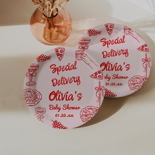 Pizza Hand Drawn Red Special Delivery Baby shower Papieren Bordje