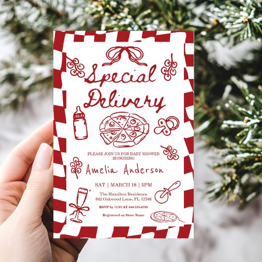 Pizza Hand Drawn Special Delivery Baby Shower Kaart