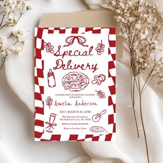 Pizza Hand Drawn Special Delivery Baby Shower Kaart