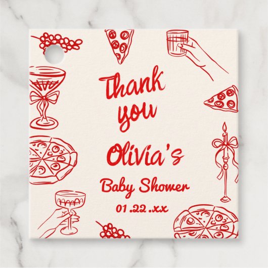 Pizza Hand getrokken speciale levering Baby shower Bedankjes Labels (Voorkant)
