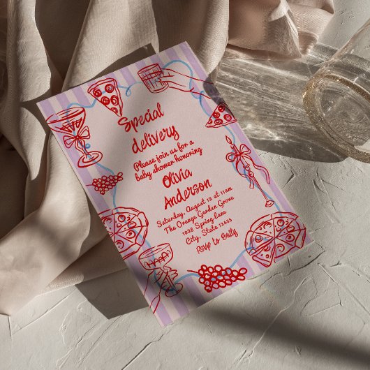 Pizza Hand getrokken speciale levering Baby shower Kaart