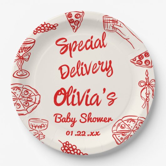 Pizza Hand getrokken speciale levering Baby shower Papieren Bordje (Voorkant)