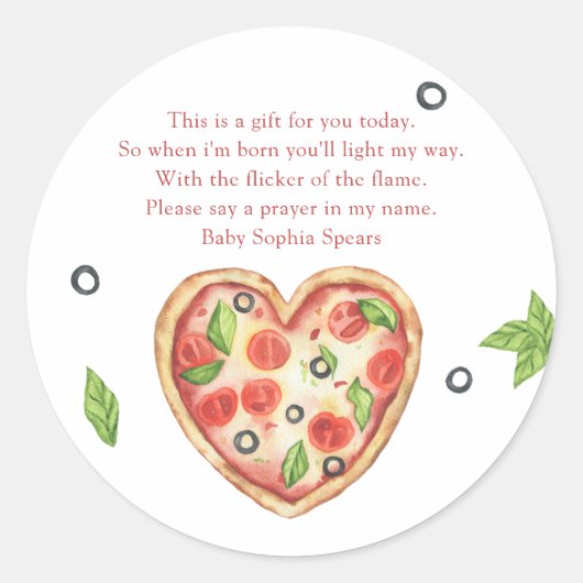 Pizza hart baby shower - gebed ronde sticker (Voorkant)