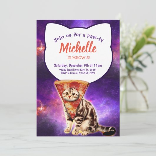 Pizza Head Cat Funny Uitnodiging (Staand voorkant)