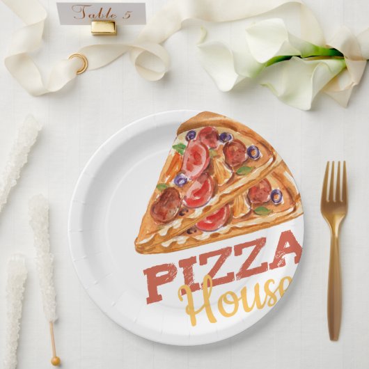 Pizza House Watercolor Slice Logo Art Papieren Bordje (Huwelijk)