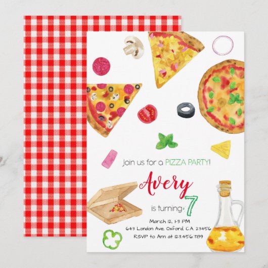Pizza Invitation, Pizza Invite, Pizza Birthday Kaart (Voorkant / Achterkant)