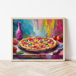 Pizza Kleurrijke Moderne Abstracte Kunst Poster<br><div class="desc">Een leuk en speels hedendaags schilderij van een pizza, met getextureerde abstracte penseelstreken in felle kleuren zoals roze, geel en blauw. De gedurfde kleuren en het levendige penseelwerk geven de pizza een grillige, energieke sfeer, waarbij voedselbeelden worden gecombineerd met een creatieve, hedendaagse kunststijl. Dit eigenzinnige stuk brengt de pop cultuur...</div>