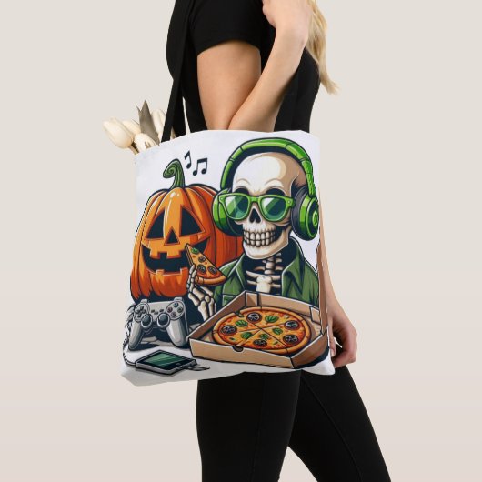 Pizza-liefhebbend skelet: Gaming, Cheese Overload, Tote Bag (Dichtbij)