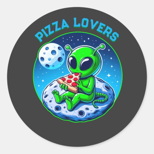 Pizza-liefhebbende alien op de maan | Fun Cosmic Ronde Sticker (Voorkant)