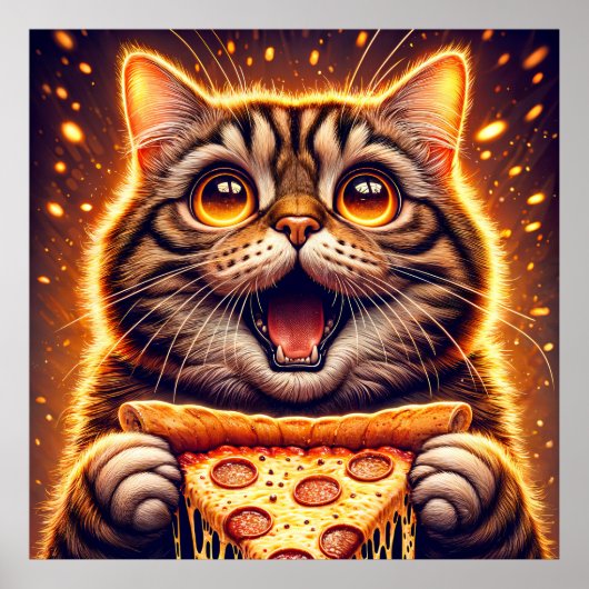 Pizza-liefhebbende kat met brede ogen poster (Voorkant)