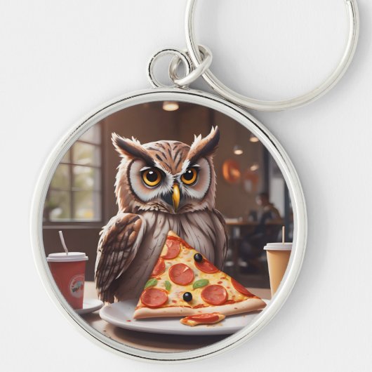 Pizza-liefhebbende uil in café sleutelhanger (Voorkant)