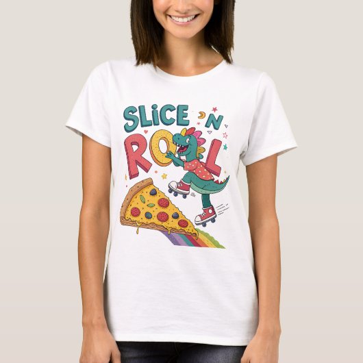 Pizza liefhebber Vrouw Dinasour Eet T-shirt (Voorkant)