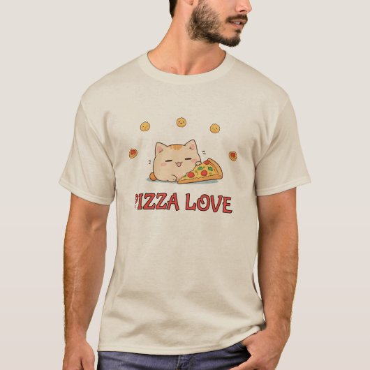 Pizza Love – Kawaii Kat met Pizza T-shirt (Voorkant)
