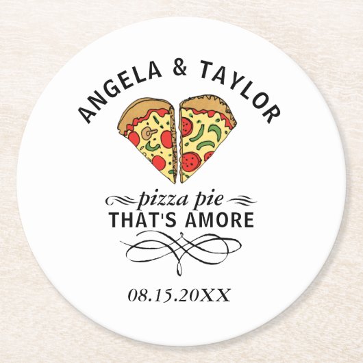 Pizza Love Trendy Wedding Monogram Date Ronde Kartonnen Onderzetter (Voorkant)