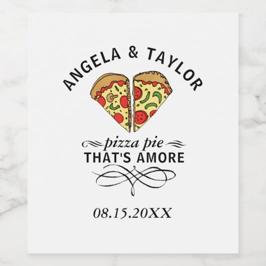 Pizza Love Trendy Wedding Monogram Date Wijn Etiket (Enkel label)