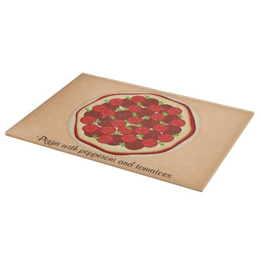 Pizza met pepperoni en tomaten snijplank (Hoek)