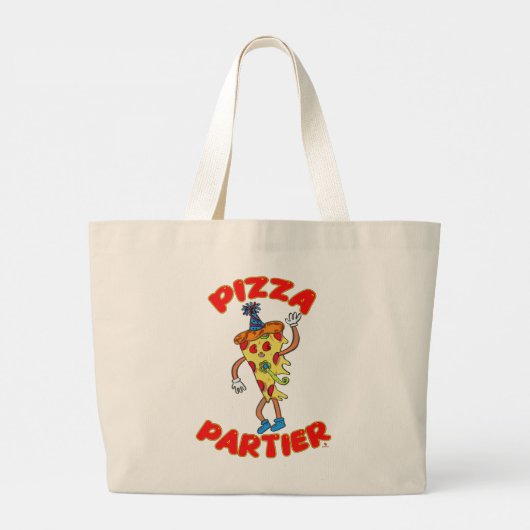 Pizza Partier Funny Cartoon Slice Logo Fun Grote Tote Bag (Achterkant)