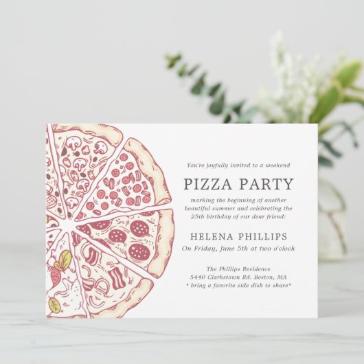 Pizza Party 25th Birthday | Gestreepte uitnodiging (Staand voorkant)