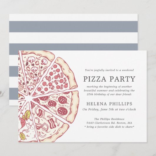 Pizza Party 25th Birthday | Gestreepte uitnodiging (Voorkant / Achterkant)