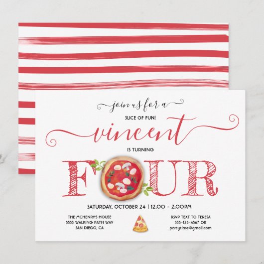 Pizza Party 4th Birthday Modern Invitation Kaart (Voorkant / Achterkant)