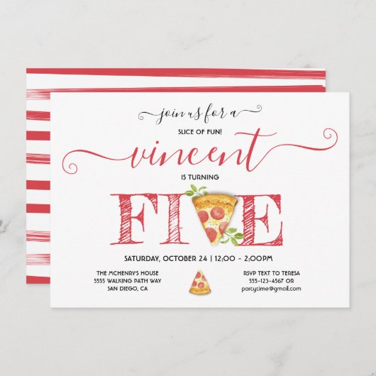Pizza Party 5th Birthday Modern Invitation Kaart (Voorkant / Achterkant)