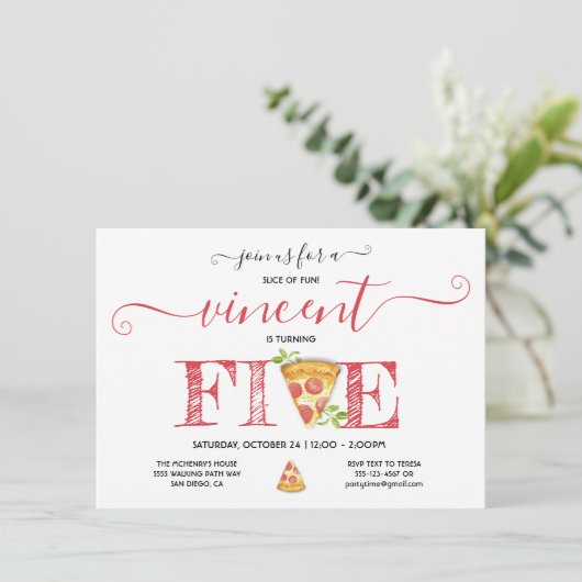 Pizza Party 5th Birthday Modern Invitation Kaart (Staand voorkant)