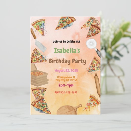 Pizza Party Bash: Leuke verjaardagsuitnodiging Kaart (Staand voorkant)