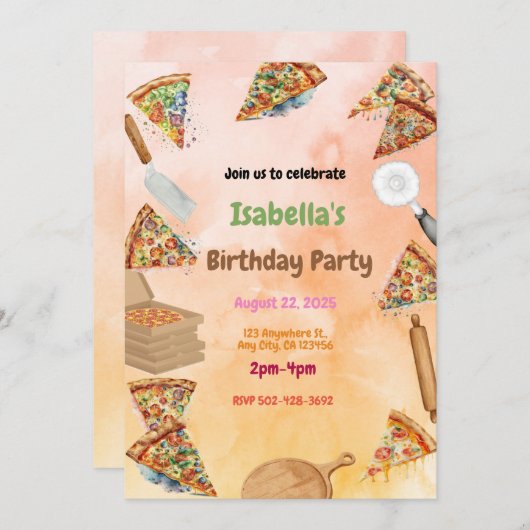 Pizza Party Bash: Leuke verjaardagsuitnodiging Kaart (Voorkant / Achterkant)