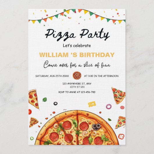 Pizza Party Birthday Invitation, Food Theme Barty Kaart (Voorkant)