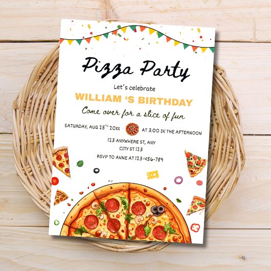 Pizza Party Birthday Invitation, Food Theme Barty Kaart