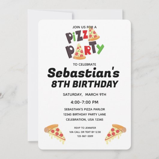 Pizza Party Birthday Invitation for Girl of Boy Kaart (Voorkant)