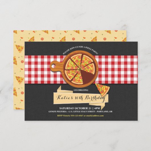 Pizza Party Birthday Invitation Kaart (Voorkant / Achterkant)