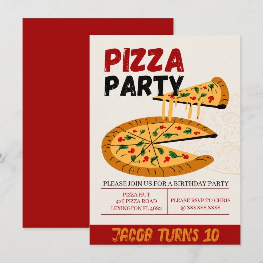 Pizza Party Birthday Invitation Kaart (Voorkant / Achterkant)