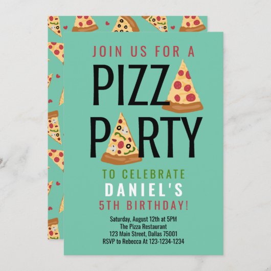 Pizza Party Birthday Invitation Kaart (Voorkant / Achterkant)