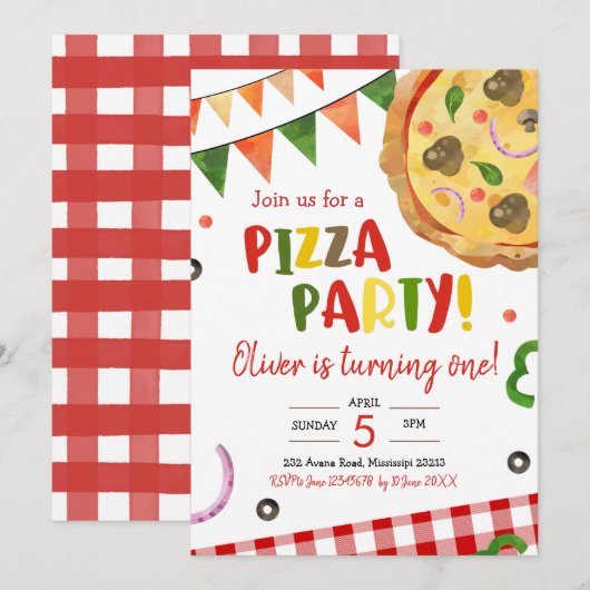 Pizza Party Birthday Invitation Kaart (Voorkant / Achterkant)