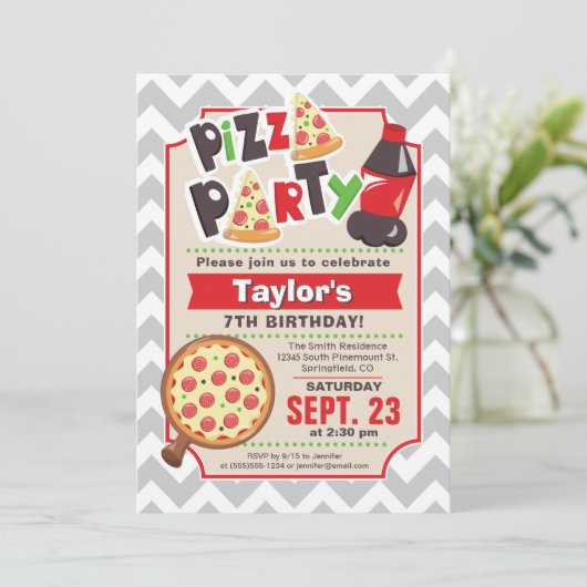 Pizza Party Birthday Invitation Kaart (Staand voorkant)