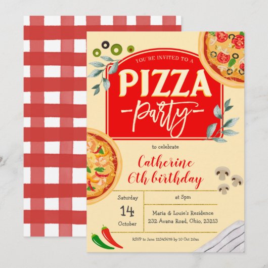 Pizza Party Birthday Invitation Kaart (Voorkant / Achterkant)
